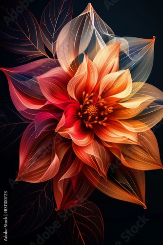 Colorful Flower With Leaves on Black Background