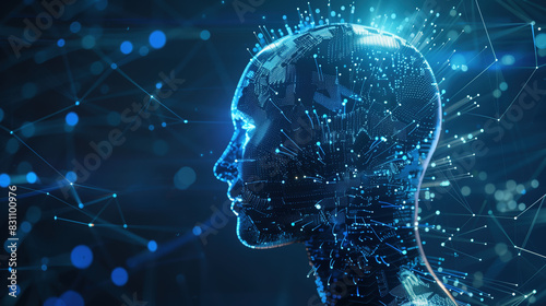 A futuristic human head model with a glowing blue outline against a dark background, symbolizing advanced technology and Ai.