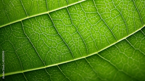 Close-up view of a vibrant green leaf's veined texture, showcasing intricate natural details and organic patterns. photo
