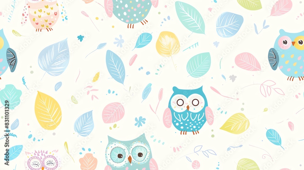 Hand-drawn seamless pattern of pastel-colored leaves, small flowers, and owls, creating a whimsical and fresh aesthetic Hand-drawn seamless pattern of pastel-colored leaves, small flowers, and owls, creating a whimsical and fresh aesthetic