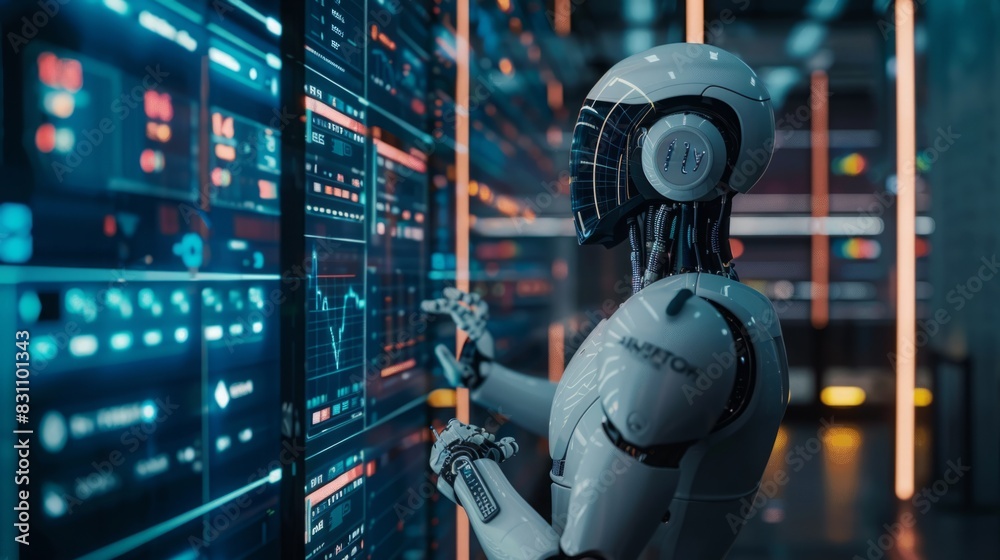 A robot is standing next to a wall, displaying its mechanical features and technology. A robot is standing next to a wall, displaying its mechanical features and technology.