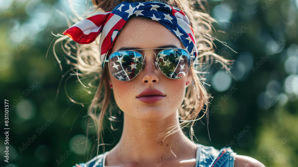 Fototapeta premium Portrait of a stylish woman, american flag bandana, aviator sunglasses reflecting the stars, confident expression. patriotic American flag headband perfect for Memorial Day and the Fourth of July!