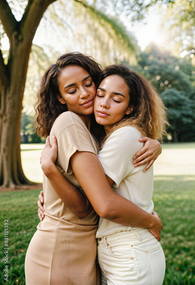 two women hug each other in a park
