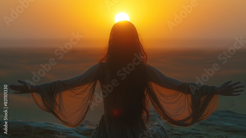 Woman In Traditional Arab Dress Rises Her Arms against the backdrop of the desert and a beautiful sunset.