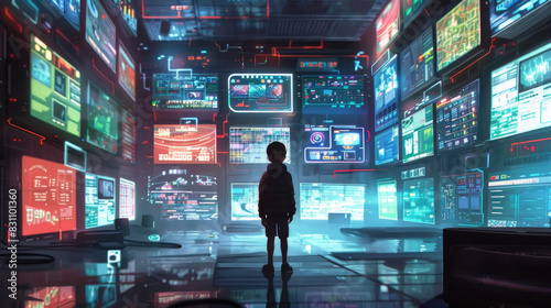 A young child is in a high-tech command center, observing multiple digital displays filled with complex data and vibrant lights in a dark room