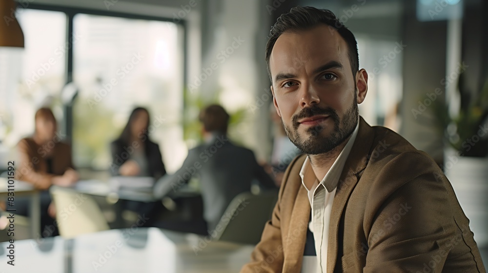 Portrait of a business man sitting in an office with his colleagues in the background Happy business man working in a coworking office : Generative AI Portrait of a business man sitting in an office with his colleagues in the background Happy business man working in a coworking office : Generative AI