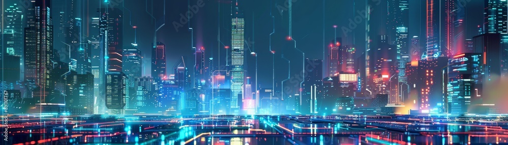 Futuristic cityscape with towering skyscrapers and neon lights, reflecting the advanced technology and vibrant energy of a cyberpunk metropolis. Futuristic cityscape with towering skyscrapers and neon lights, reflecting the advanced technology and vibrant energy of a cyberpunk metropolis.