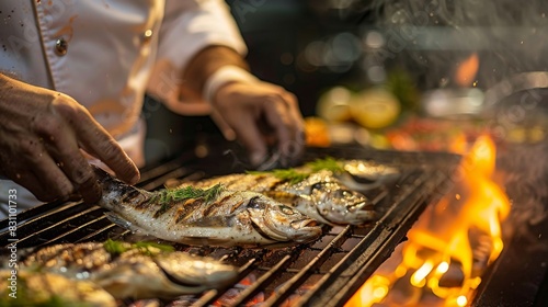 Chef preparing grilled fish on a barbecue grill  showcasing the art of outdoor cooking and the aroma of smoky flavors