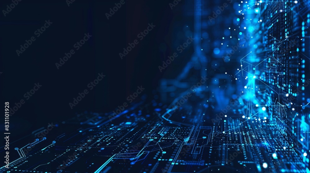 Digital abstract background for technological operations, neural networks, AI, data transmission and encryption, digital archives, audio and visual representations, scientific research. Copy space