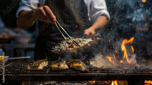 Chef preparing grilled fish on a barbecue grill, showcasing the art of outdoor cooking and the aroma of smoky flavors photo