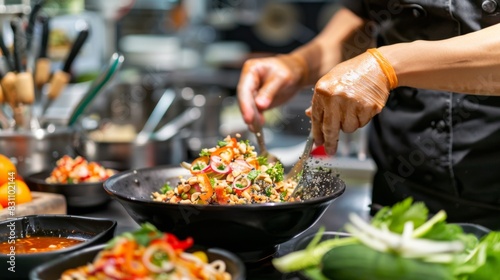 Chef preparing som tam salad with fresh ingredients, showcasing the meticulous attention to detail and balance of flavors in Thai cuisine