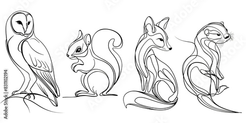 Owl Squirrel Fox and Otter line drawing isolated on transparent background