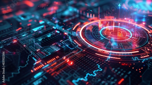 Futuristic digital circuit board, glowing with bright lights and vibrant colors, showcasing advanced technology and innovation