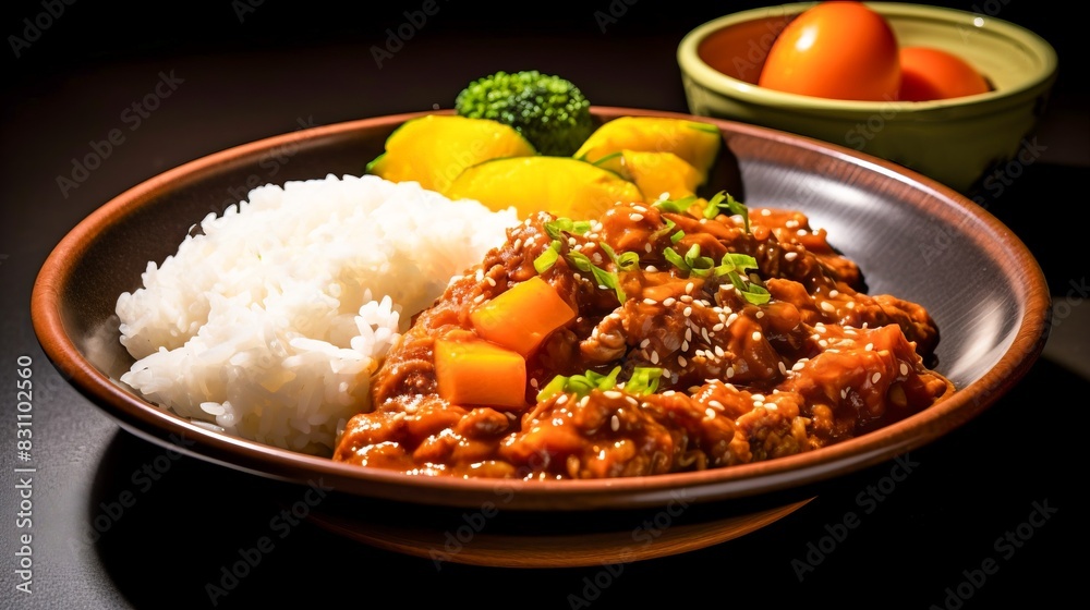 Delicious beef stew served with white rice and vegetable sides, showcasing a vibrant and appetizing meal ready to be enjoyed. Delicious beef stew served with white rice and vegetable sides, showcasing a vibrant and appetizing meal ready to be enjoyed.