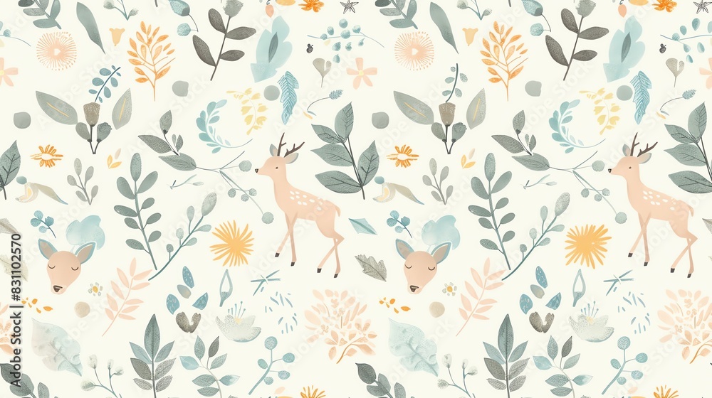 Pastel-colored seamless pattern with hand-drawn botanical elements, featuring leaves, flowers, and charming deer, in a light and airy design Pastel-colored seamless pattern with hand-drawn botanical elements, featuring leaves, flowers, and charming deer, in a light and airy design