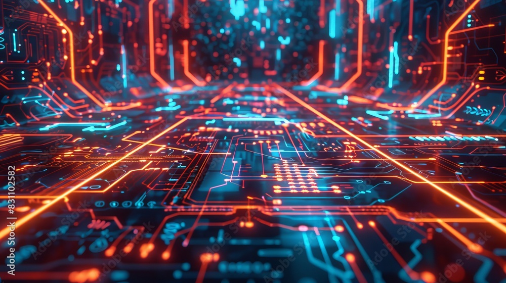 Futuristic digital circuit board with glowing red and blue lights representing advanced technology and connectivity.