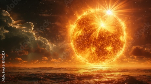 Epic Sun Surface Flare Prominence Solar System. Majestic Sunbeam Solaris Flame Fireball Eruption