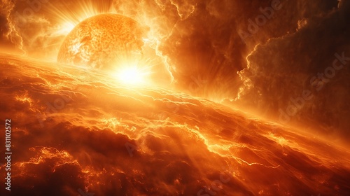 Epic Sun Surface Flare Prominence Solar System. Majestic Sunbeam Solaris Flame Fireball Eruption photo