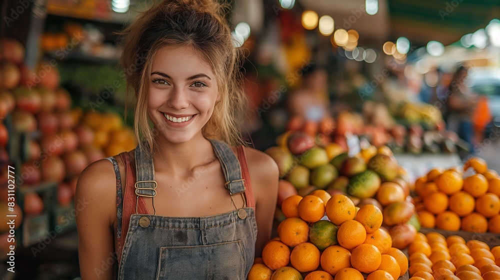 Girl traveler buying fresh fruit on food market at street