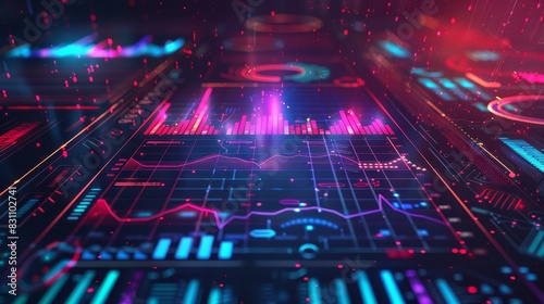 Futuristic digital data visualization background featuring glowing graphs, charts, and technology interfaces in vibrant neon colors.