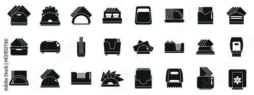 Napkin holder icons set vector. A collection of black and white icons for office supplies. The icons include items such as a paper tray, a paper cutter, a stapler, and a tray. Scene is professional