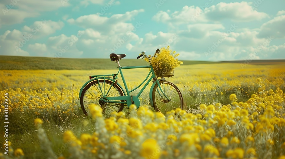 Fototapeta premium Vintage bicycle in a yellow flowered field on a sunny day. Dreamy springtime scene. Ideal for nature and outdoor enthusiasts. AI.