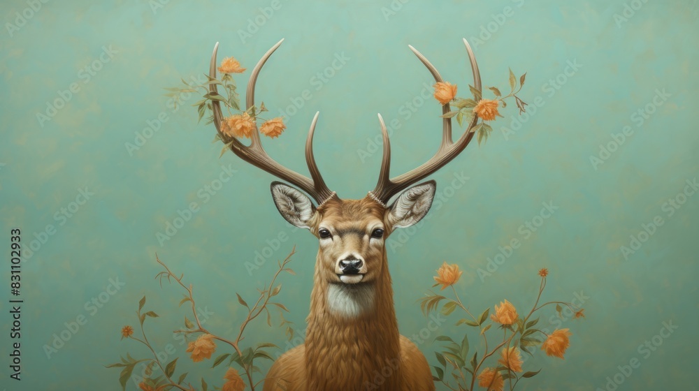 Portrait of deer with flowers on horns on a green solid pastel background. Wildlife concept Portrait of deer with flowers on horns on a green solid pastel background. Wildlife concept