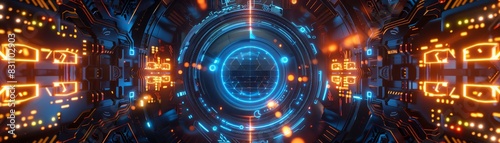 Futuristic digital interface with glowing lights and complex patterns, illustrating advanced technology and cyber themes in a vibrant setting.