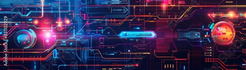 Futuristic digital interface with glowing neon lights and intricate circuit patterns. Perfect for technology-related themes and backgrounds.