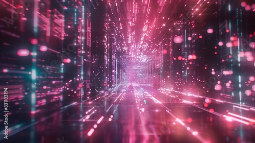 Futuristic digital tunnel with vibrant neon lights and data particles, depicting advanced technology and cyberspace concepts.