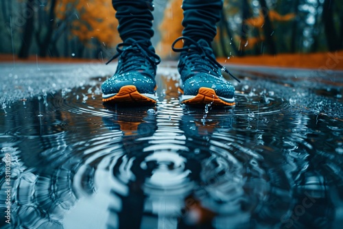 A clear 4K image of running shoes standing still on a water-covered road, with raindrops creating concentric circles around them, the shoes' colors popping against the reflective, wet surface,