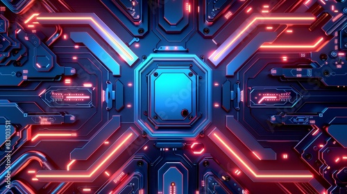 Futuristic glowing circuit board with red and blue lights, creating a high-tech, sci-fi atmosphere. Ideal for tech, AI, and innovation themes.