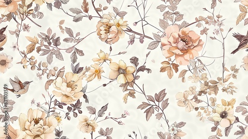 Seamless pattern of hand-drawn pastel-colored leaves and branches with small birds, creating a soft and whimsical design
