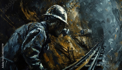 coal miner working underground with a headlamp photo