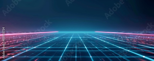 Futuristic neon grid horizon with glowing lines, perfect for technology, digital art, and sci-fi themes.