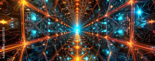 Futuristic neon glowing geometric tunnel with abstract light patterns in blue and orange, creating a mesmerizing sci-fi backdrop.