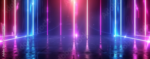 Futuristic neon lighting background with glowing pink and blue lights reflecting on a sleek floor, perfect for modern design projects.