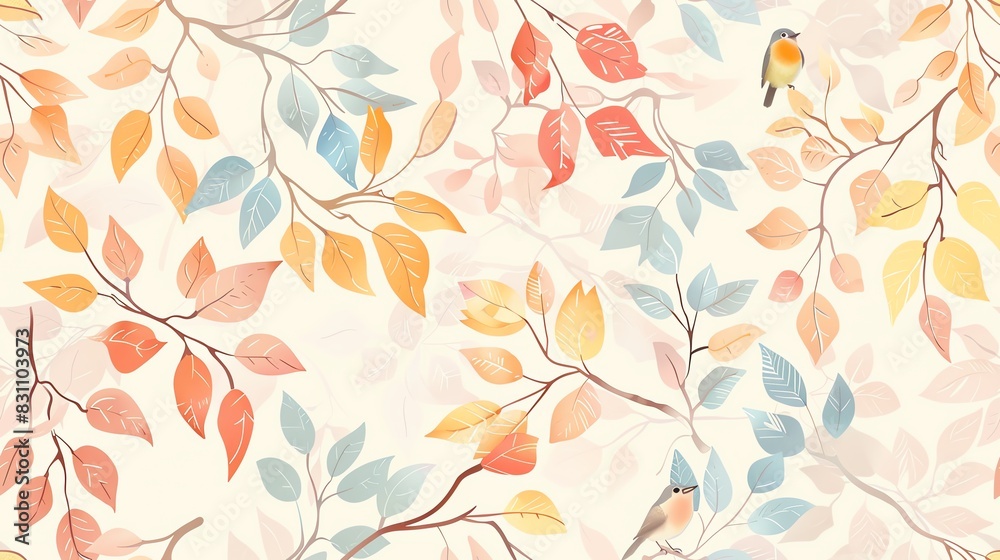 Seamless pattern of hand-drawn pastel-colored leaves and branches with small birds, creating a soft and whimsical design