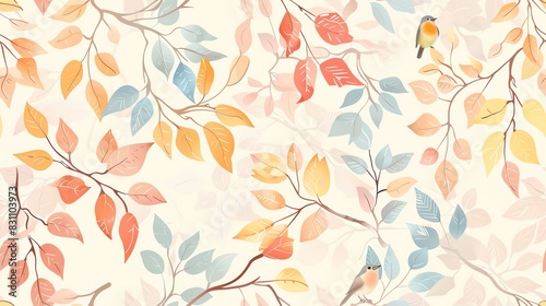 Seamless pattern of hand-drawn pastel-colored leaves and branches with small birds  creating a soft and whimsical design