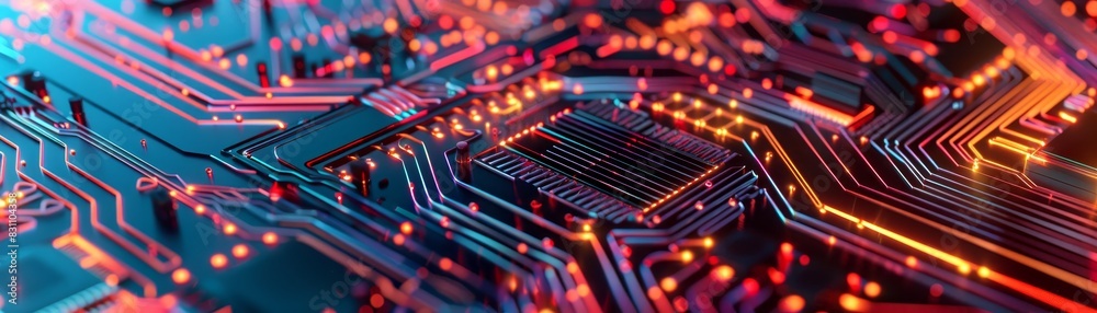 High-resolution image of a colorful, illuminated circuit board showcasing modern electronic components and connections for technology designs.