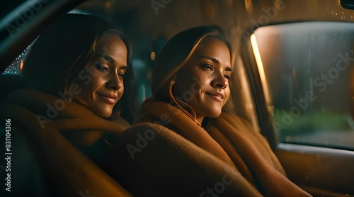 Two women with thick blankets in a car in the rain. Enjoy the sound of rain and sleep therapy