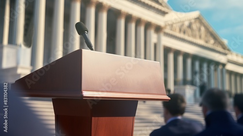 Empty podium with microphone on government building steps, awaiting speech. Captures anticipation and formal setting. photo