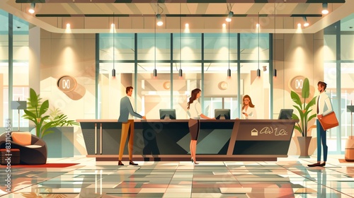 A charming cartoon banner promoting a hotel, depicting a couple checking into a stylish reception area, with friendly staff, modern decor, and a view of the hotel's exterior with its name prominently
