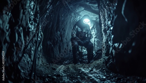 The dark and mysterious cave A miner covered in mud and wearing a hard hat is working in a dark mine.
