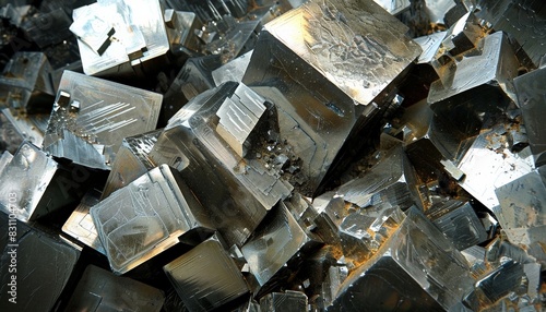 Shiny, reflective mineral with a cubic structure.