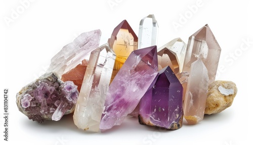 Colorful quartz and amethyst crystals on a white background.