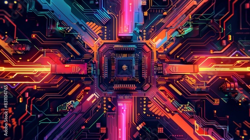 Vibrant abstract circuit board with glowing neon lights illustrating advanced technology and futuristic electronic design.