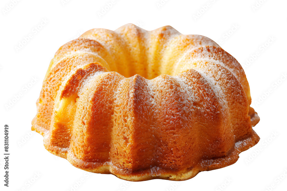 A deliciously baked bundt cake dusted with powdered sugar, perfect for dessert or a special occasion. Isolated on a white background. A deliciously baked bundt cake dusted with powdered sugar, perfect for dessert or a special occasion. Isolated on a white background.