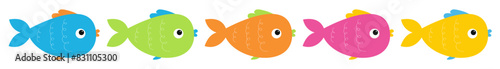 Fish icon set line. Cartoon cute kawaii colorful funny baby character. Marine life. Brightly aquarium sea ocean animals. Kids collection. Childish style. Isolated. White background. Flat design Vector