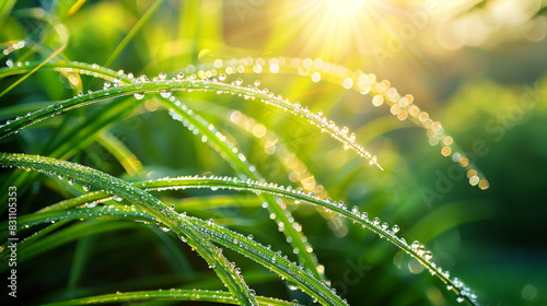 A close-up shot of dew-covered grass blades glistening in the morning sunlight  against a backdrop of vibrant greenery  capturing the beauty and freshness of a new day.